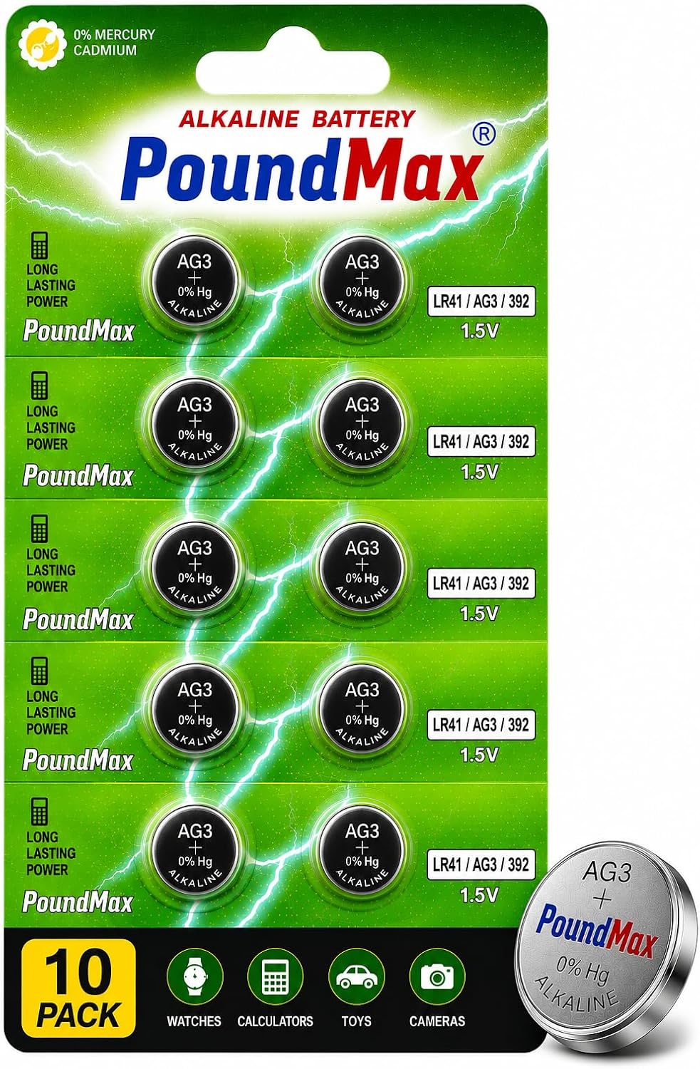 10 Adet AG3 LR41 LR736 / L736 / G3 / G3A / 3GA / 192 / GP192 / V3GA / RW87 1.5V PoundMax Alkalin Düğme Piller Küçük Elektronik Ev Aletleri, Araba Anahtarları, ölçüm cihazları ve hesap makineleri