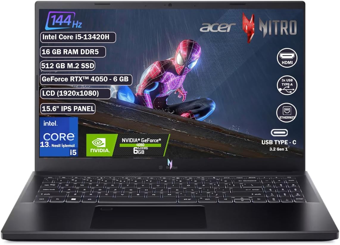 Acer Nitro V15 ANV15-51-57XV Intel Core I5 13420H 16GB 512GB SSD RTX4050 Freedos 15.6" Fhd Taşınabilir Bilgisayar NH.QNBEY.004