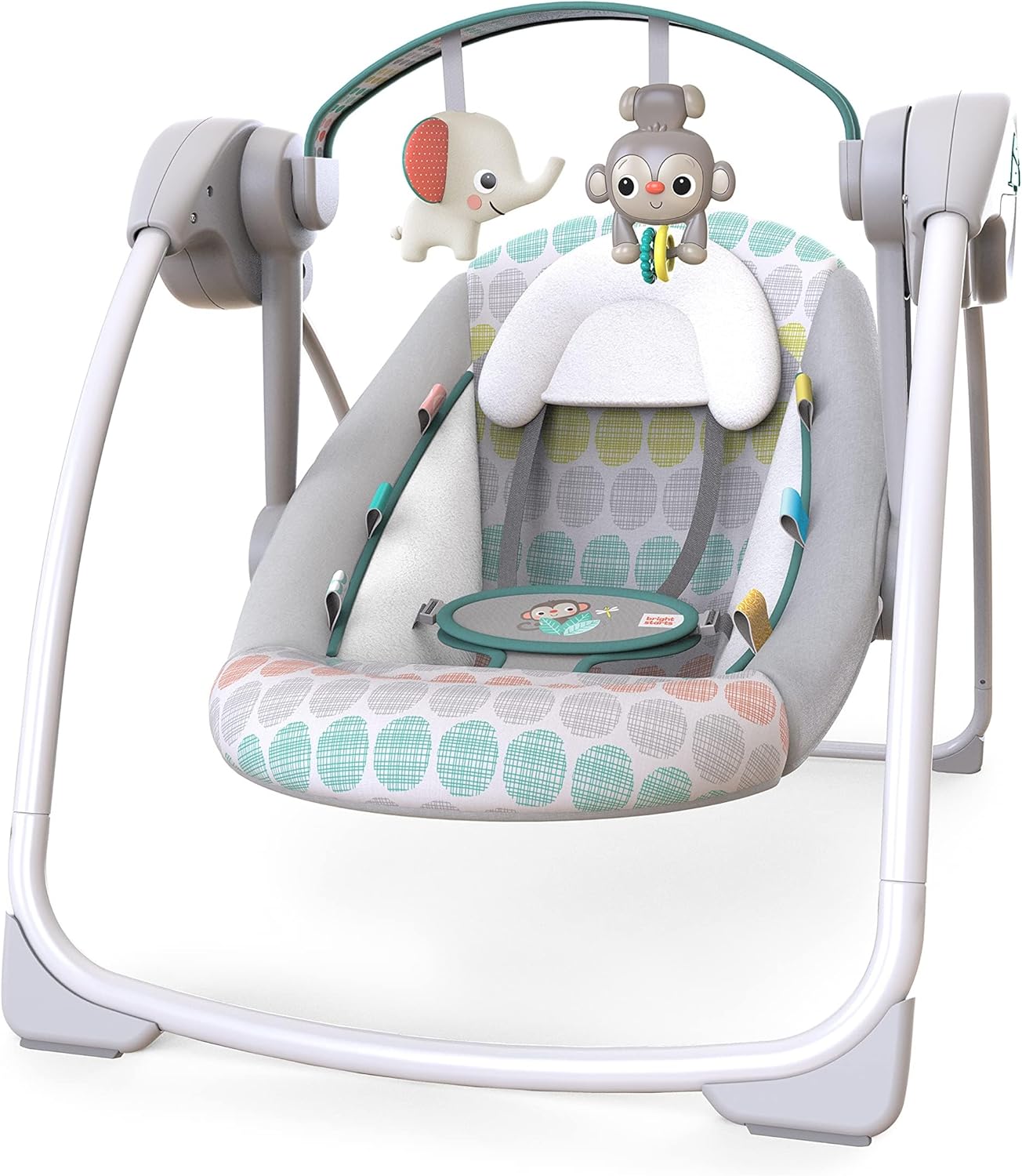Bright Starts Bebek Salıncağı, Uyarlanabilir Hız, Kumaş Oyuncaklar, Müzik, Çıkarılabilir Oyuncak Barı, 0-9 Ay 3-9 kg (Tuhaf Vahşi) ile Portatif Otomatik 6 Vitesli