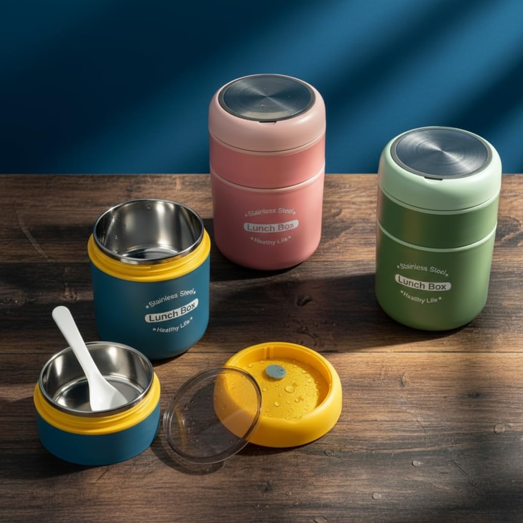 Deconox Çelik Yemek Termosu 2 Katlı Kaşıklı - 304 Paslanmaz Çelik Beslenme Kutusu | Sıcak/Soğuk Tutma Özellikli Vakumlu Öğle Yemeği Seferi Tası (710 ml, Çap: 10 cm, Yük: 15.5 cm) (YEŞİL)