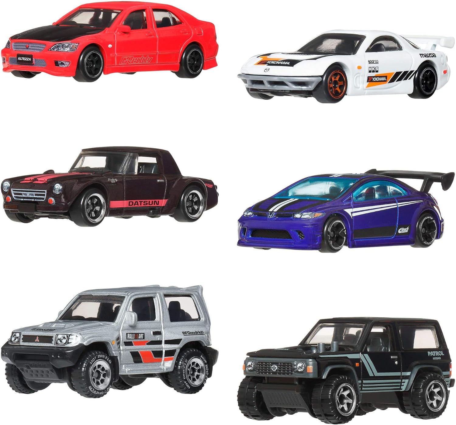 Hot Wheels 1:64 ölçekli metal oyuncak arabalar, özel süslemelere sahip 6'lı Japon aracı seti (Stiller çeşitlilik gösterebilir), JLB23